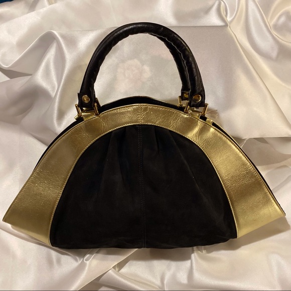 *SOLD* Gold and Black Vintage 80s Leather Large Suede Handbag Purse - Picture 3 of 8